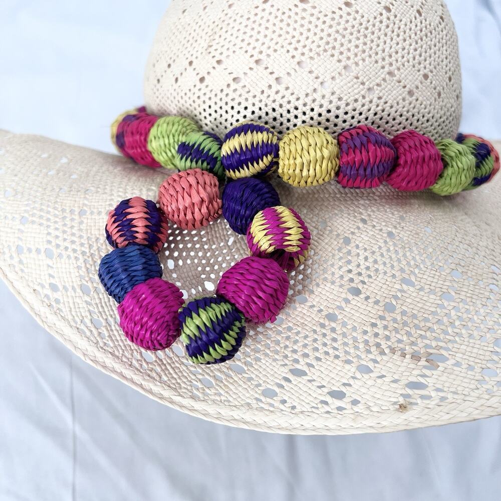 Montecristi Hats Ecuador Straw Floppy Wide Brim Sun Hat Colorful Details - Picture 5 of 10